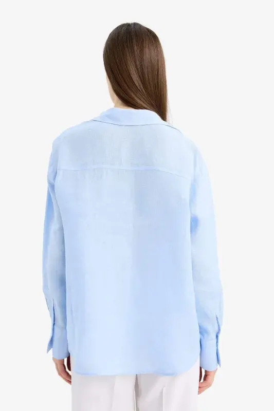 100% Linen Oversize Wide Leg Long Sleeve Shirt-Light Blue - 6