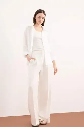 100% Linen Oversize Wide Leg Long Sleeve White Shirt-White - DEFACTO (1)