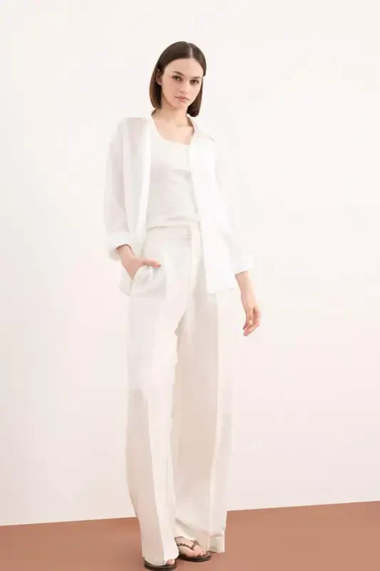 100% Linen Oversize Wide Leg Long Sleeve White Shirt-White - 2