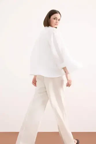 100% Linen Oversize Wide Leg Long Sleeve White Shirt-White - 3