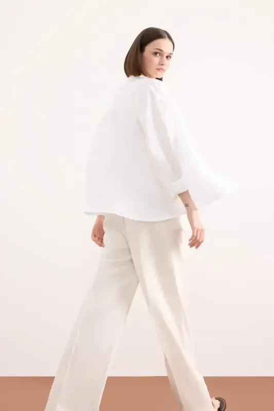 100% Linen Oversize Wide Leg Long Sleeve White Shirt-White - 3