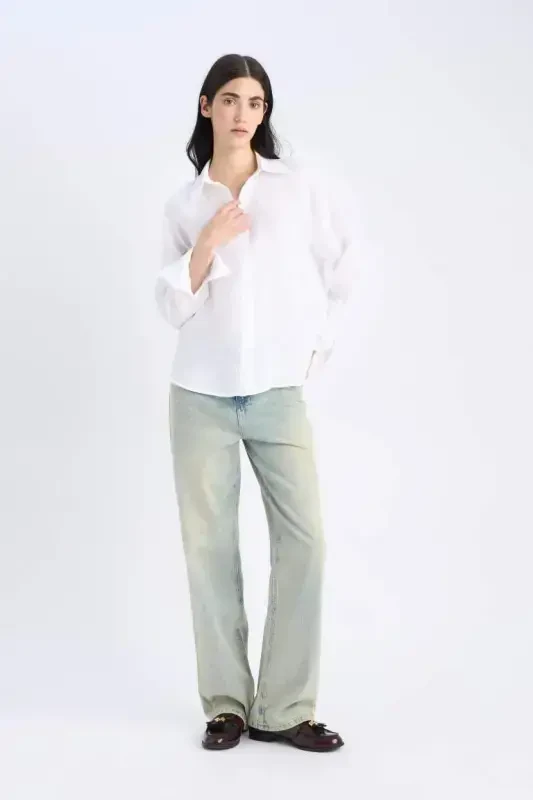 100% Linen Oversize Wide Leg Long Sleeve White Shirt-White - 5