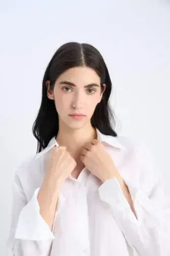 100% Linen Oversize Wide Leg Long Sleeve White Shirt-White - 7