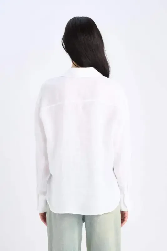 100% Linen Oversize Wide Leg Long Sleeve White Shirt-White - 9