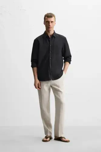 100% LINEN PLEATED TROUSERS-Light beige - 1