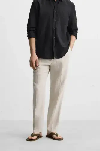 100% LINEN PLEATED TROUSERS-Light beige - 2