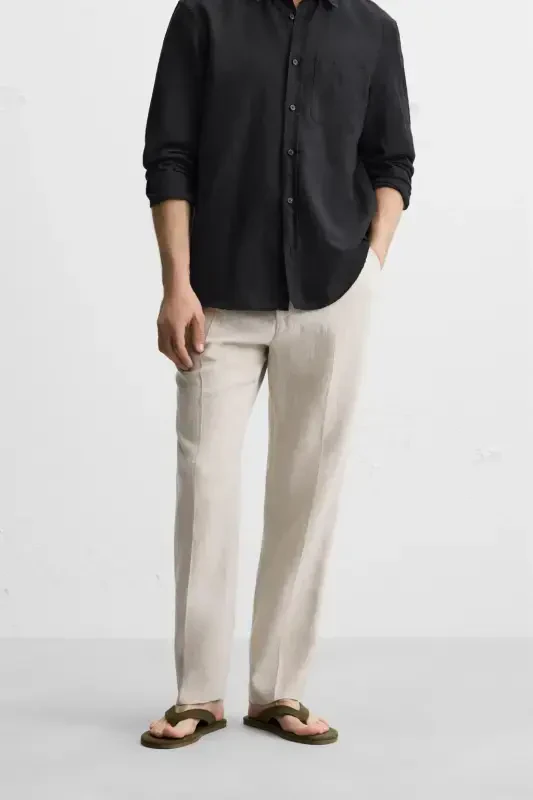 100% LINEN PLEATED TROUSERS-Light beige - 2