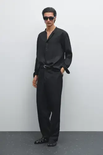 100% linen regular fit mandarin collar shirt-BLACK - 1