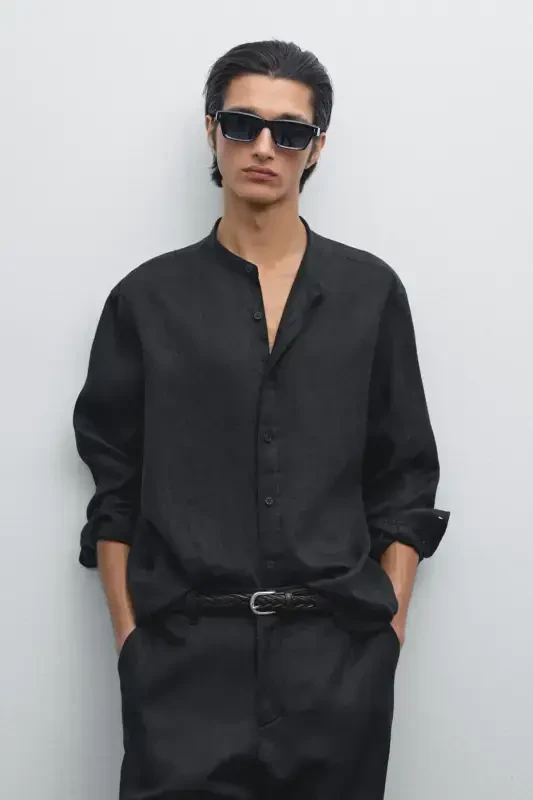 100% linen regular fit mandarin collar shirt-BLACK - 2