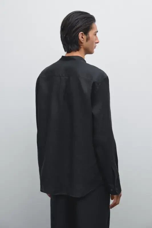 100% linen regular fit mandarin collar shirt-BLACK - 3