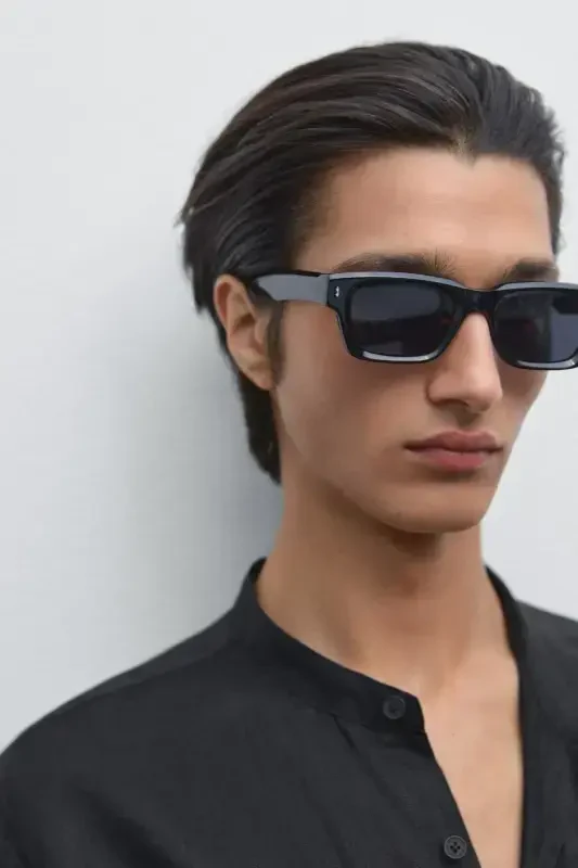 100% linen regular fit mandarin collar shirt-BLACK - 4