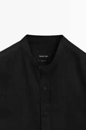 100% linen regular fit mandarin collar shirt-BLACK - 5