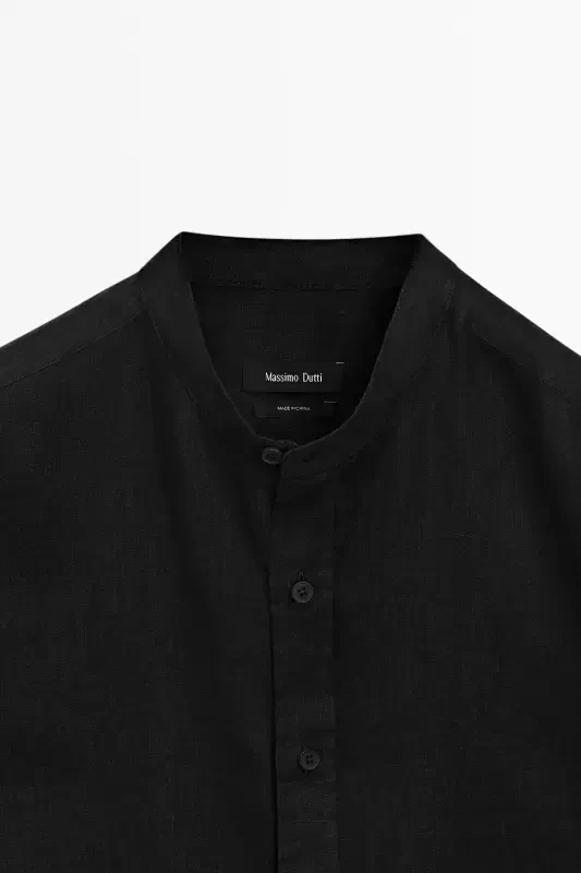 100% linen regular fit mandarin collar shirt-BLACK - 5