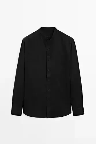 100% linen regular fit mandarin collar shirt-BLACK - 6