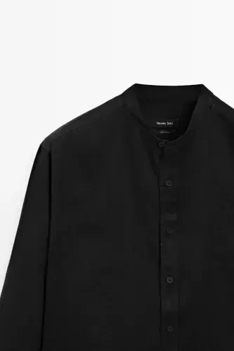 100% linen regular fit mandarin collar shirt-BLACK - 7