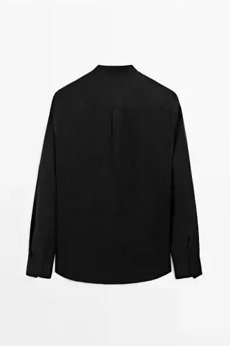 100% linen regular fit mandarin collar shirt-BLACK - 8