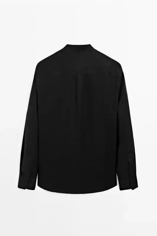 100% linen regular fit mandarin collar shirt-BLACK - 8