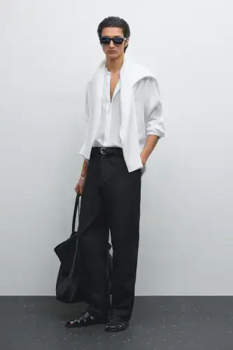 %100 linen regular fit mandarin collar shirt-White - 1