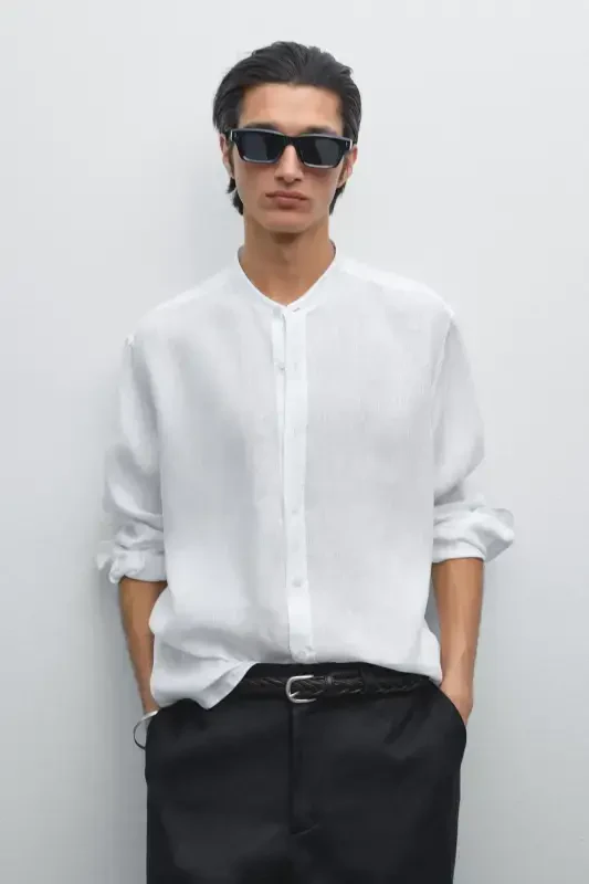 %100 linen regular fit mandarin collar shirt-White - 2