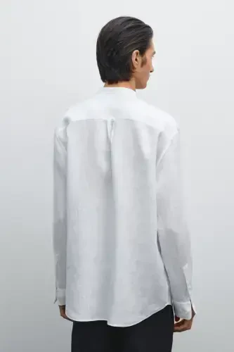 %100 linen regular fit mandarin collar shirt-White - 3