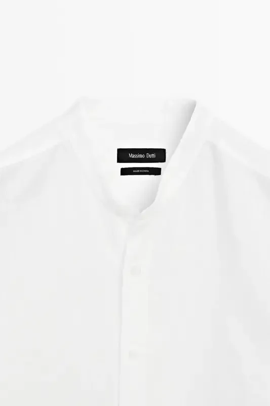 %100 linen regular fit mandarin collar shirt-White - 6