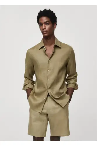 %100 Linen Regular Fit Shirt-Khaki Color - 1