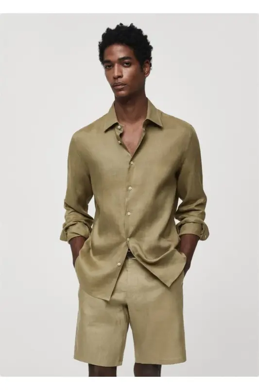 %100 Linen Regular Fit Shirt-Khaki Color - 1