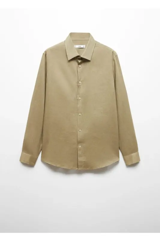 %100 Linen Regular Fit Shirt-Khaki Color - 3