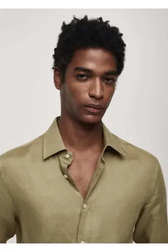 %100 Linen Regular Fit Shirt-Khaki Color - 5