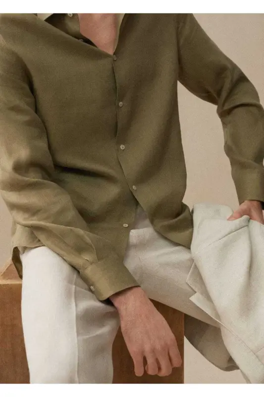 %100 Linen Regular Fit Shirt-Khaki Color - 6