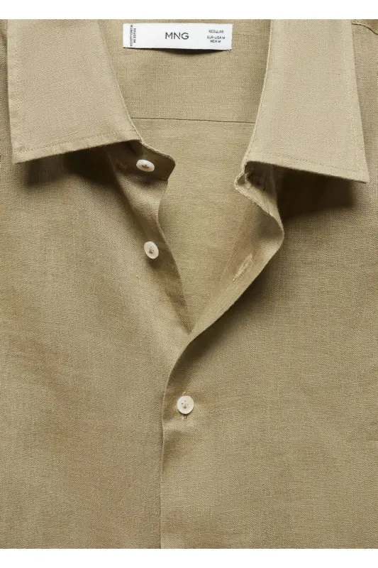 %100 Linen Regular Fit Shirt-Khaki Color - 7