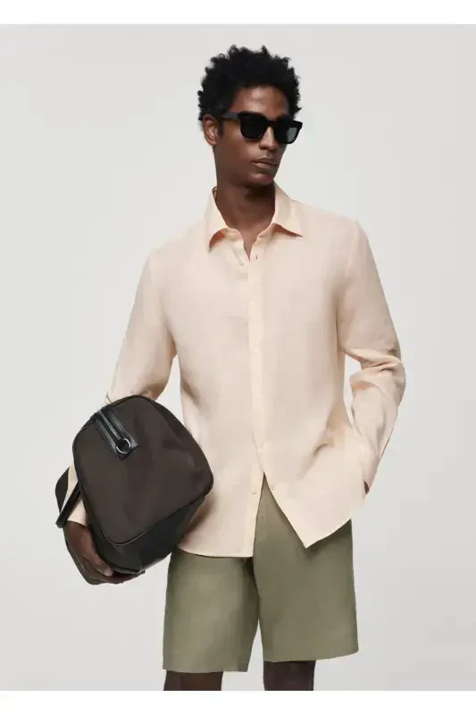 100% Linen Regular Fit Shirt-Pinkish Orange - MANGO MAN