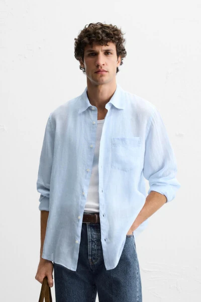 100% LINEN SHIRT-Sky blue - MODAZONE (1)