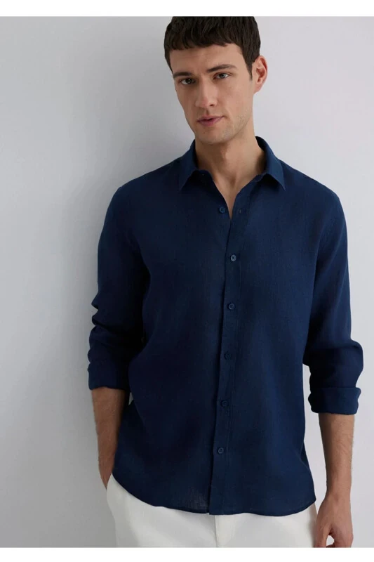 %100 linen slim fit men's shirt - MAVI