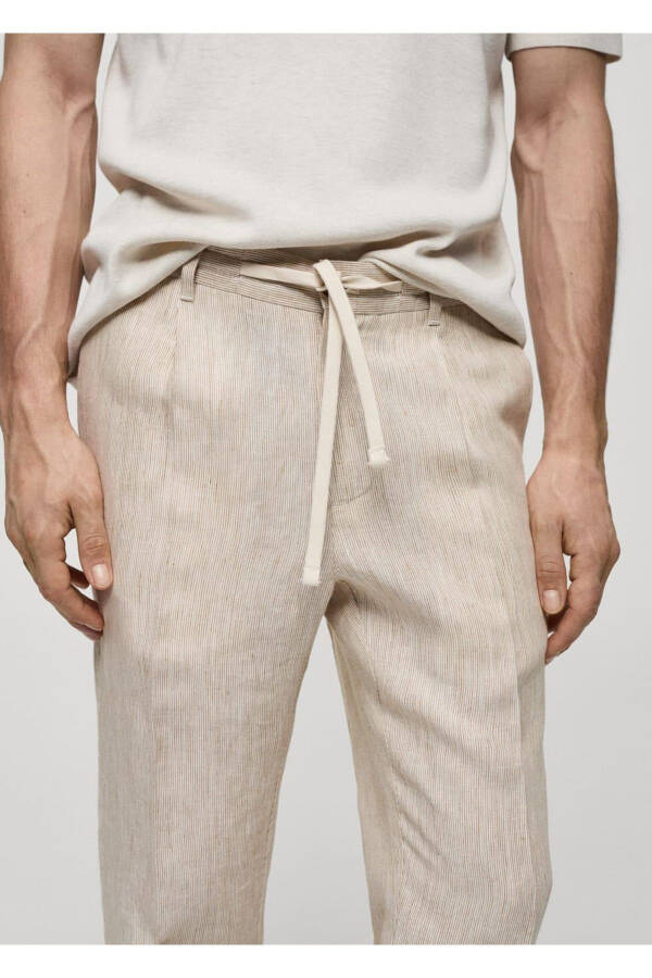 100% Linen Slim Fit Stripe Pants - 5