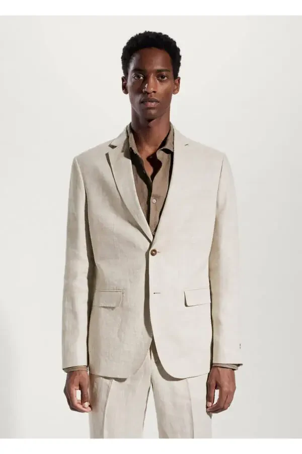 100% Linen Slim Fit Textured Blazer Jacket - 1