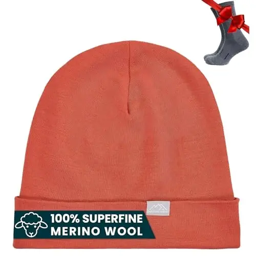 100% Merino Wool Beanie for Women, Men - Set Adult Skull Cap 17.5um & Socks | Soft, Non-Itchy Beanie, Breathable Running Hat, UV Protection, Odor-Resistant, Moisture-Wicking, All Season 250 gsm Beanie - 1