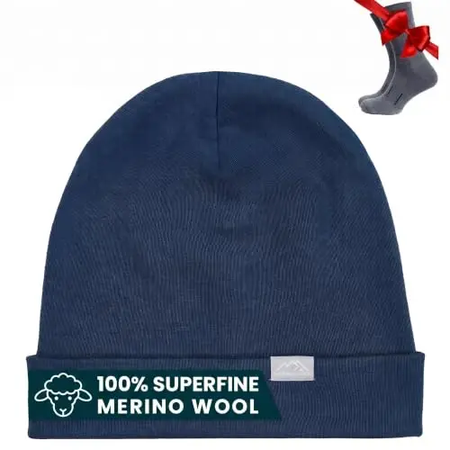 100% Merino Wool Beanie for Women, Men - Set Adult Skull Cap 17.5um & Socks | Soft, Non-Itchy Beanie, Breathable Running Hat, UV Protection, Odor-Resistant, Moisture-Wicking, All Season 250 gsm Beanie - 1