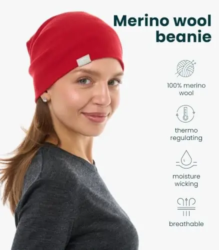 100% Merino Wool Beanie for Women, Men - Set Adult Skull Cap 17.5um & Socks | Soft, Non-Itchy Beanie, Breathable Running Hat, UV Protection, Odor-Resistant, Moisture-Wicking, All Season 250 gsm Beanie - 2