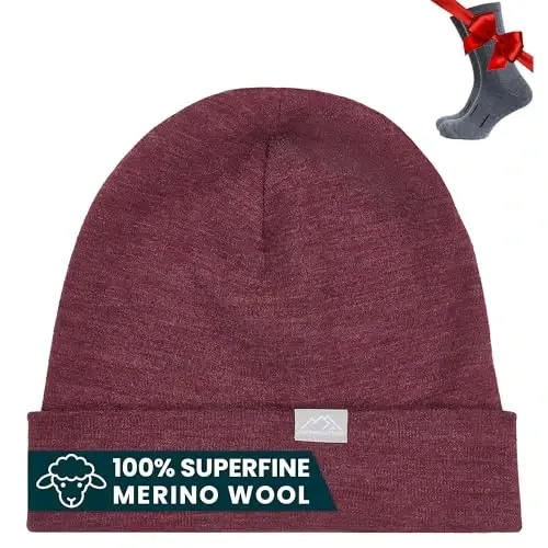 100% Merino Wool Beanie for Women, Men - Set Adult Skull Cap 17.5um & Socks | Soft, Non-Itchy Beanie, Breathable Running Hat, UV Protection, Odor-Resistant, Moisture-Wicking, All Season 250 gsm Beanie - 1
