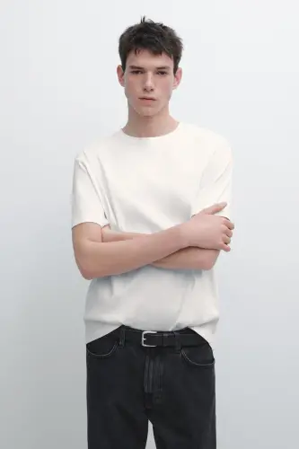 100% merserize paxtali t-shirt - Oq - MASSIMO DUTTI (1)