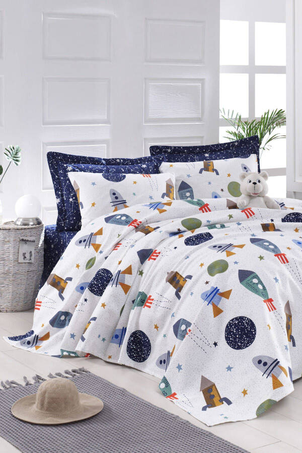 100% Natural Cotton Single Person Duvet Set Spacex Navy Blue - 2