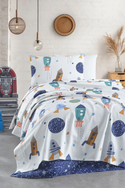 100% Natural Cotton Single Person Duvet Set Spacex Navy Blue - ENLORA HOME