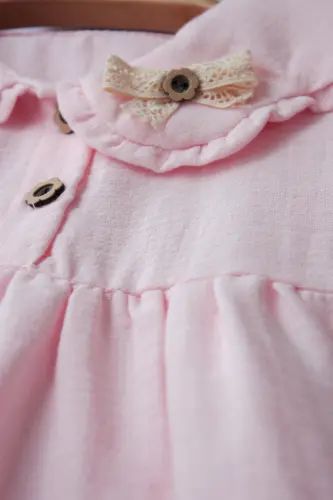 %100 Organic Comfortable Daily Gathered Plain and Stylish Double Layer Muslin 6-24 Months Baby Girl Dress-pink - 1