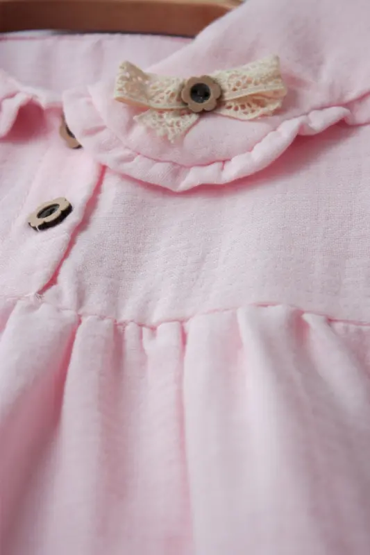 %100 Organic Comfortable Daily Gathered Plain and Stylish Double Layer Muslin 6-24 Months Baby Girl Dress-pink - 1