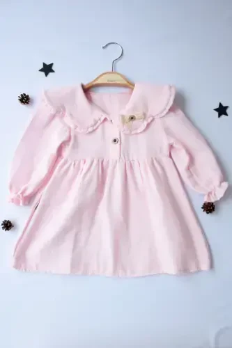 %100 Organic Comfortable Daily Gathered Plain and Stylish Double Layer Muslin 6-24 Months Baby Girl Dress-pink - PIO KIDS (1)