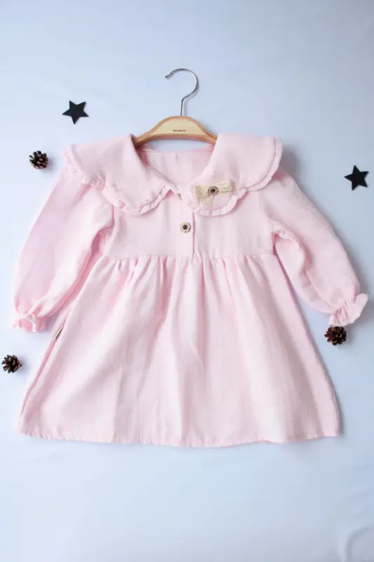 %100 Organic Comfortable Daily Gathered Plain and Stylish Double Layer Muslin 6-24 Months Baby Girl Dress-pink - 2