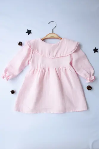 %100 Organic Comfortable Daily Gathered Plain and Stylish Double Layer Muslin 6-24 Months Baby Girl Dress-pink - 3