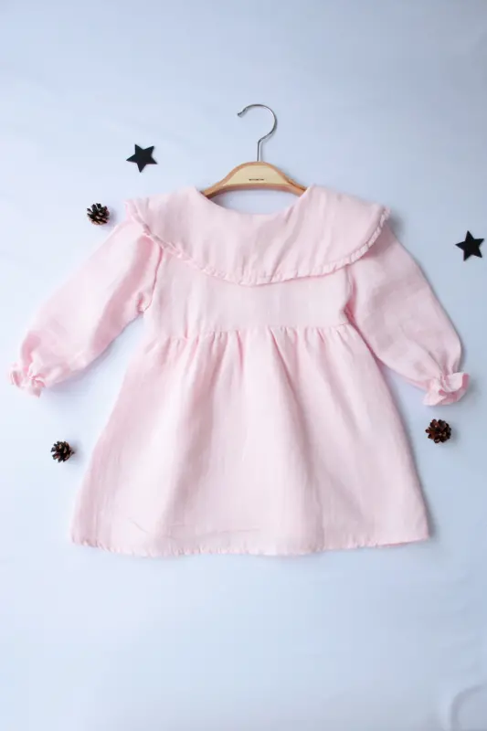 %100 Organic Comfortable Daily Gathered Plain and Stylish Double Layer Muslin 6-24 Months Baby Girl Dress-pink - 3