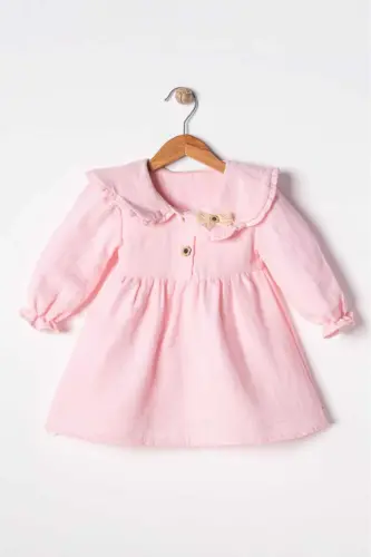 %100 Organic Comfortable Daily Gathered Plain and Stylish Double Layer Muslin 6-24 Months Baby Girl Dress-pink - PIO KIDS (1)